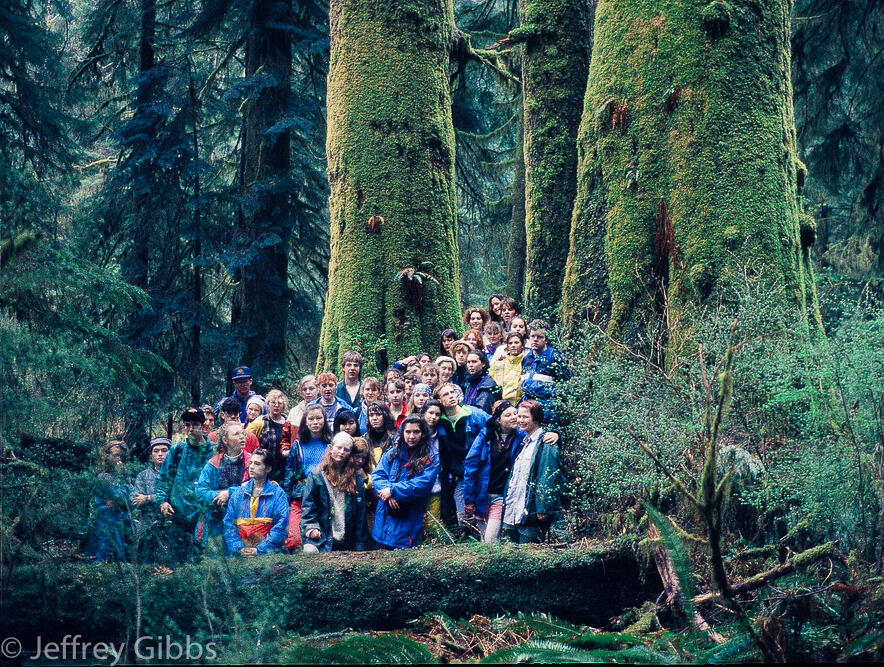 Teenaged members of the Environmental Youth Alliance (EYA) in the threatened forests of the Carmanah Valley, BC.